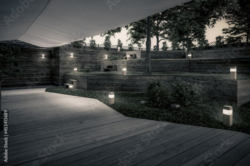Empty Garden Restaurant Lot - black and white 3d visualization