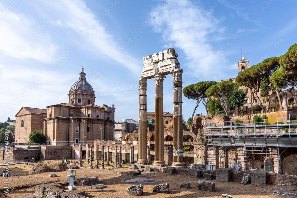 cityscape view of the Roman Forum in Rome, Italy. World famous landmarks in Italy during summer sunny day.