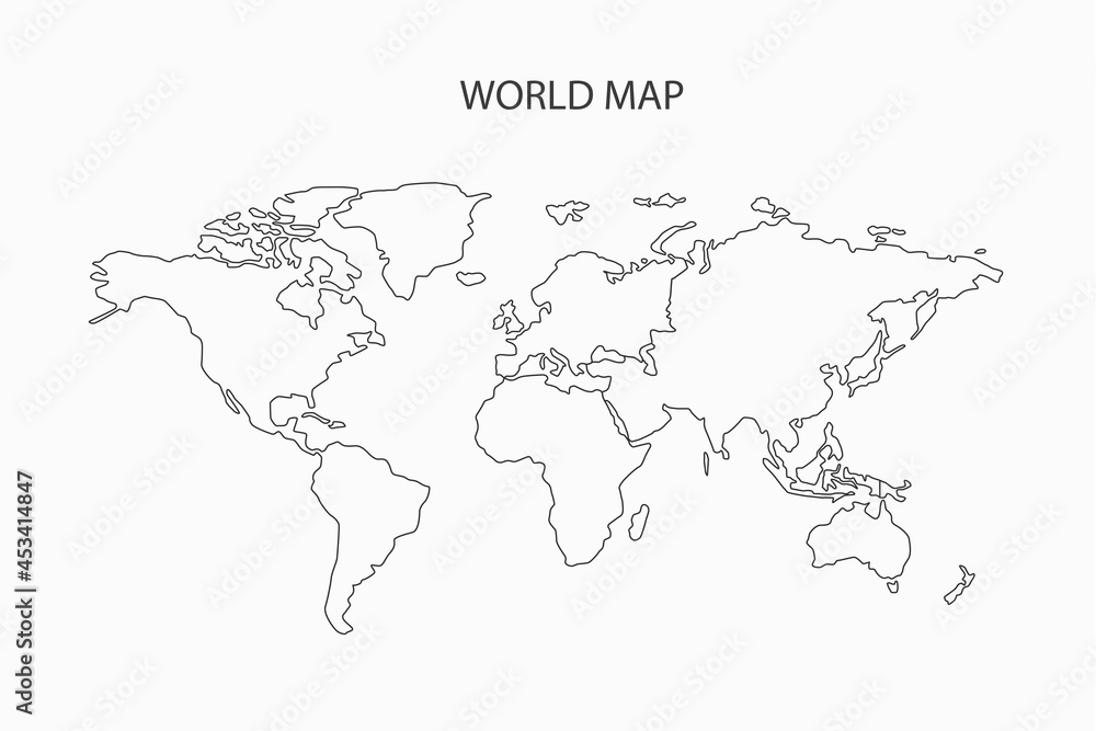 Naklejka premium World map vector hand drawing by thin black line isolated on white background.