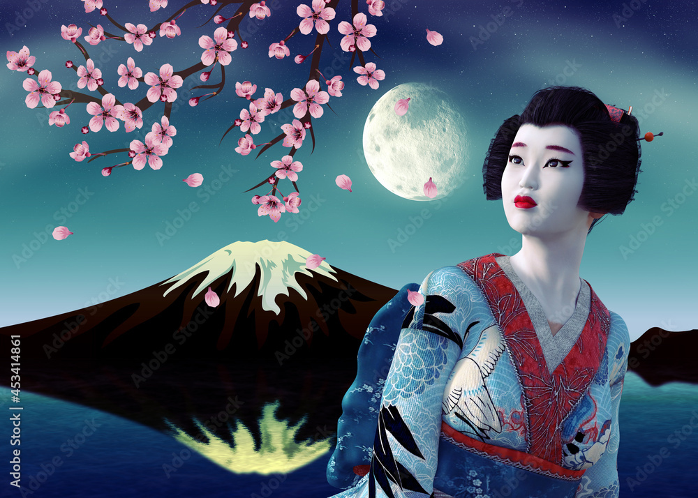 Fototapeta premium 3D Geisha in blue kimono and sakura at night
