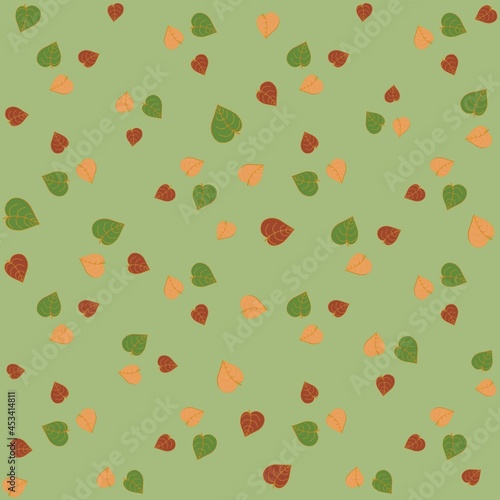 autumn pattern with colored leaves on a green background.