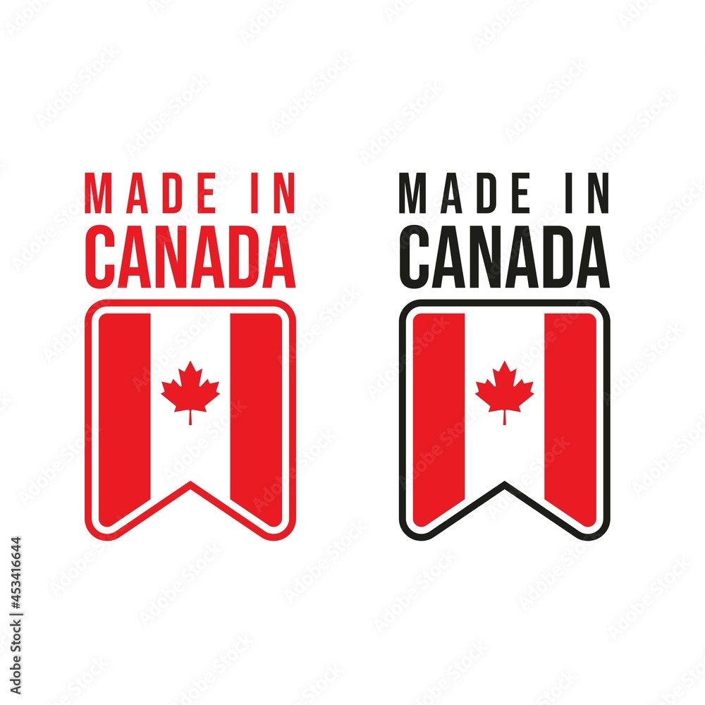 Made in Canada Label, Stamp, or Logo. With The National Flag of Canada and Maple Leaf