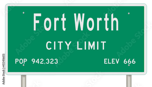 Rendering of a green Texas highway sign with city information