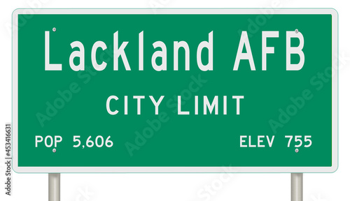 Rendering of a green Texas highway sign with city information photo