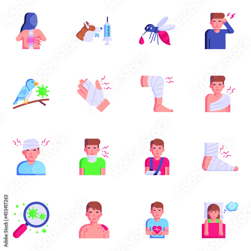 Collection of Injuries and Diseases Flat Icons 

