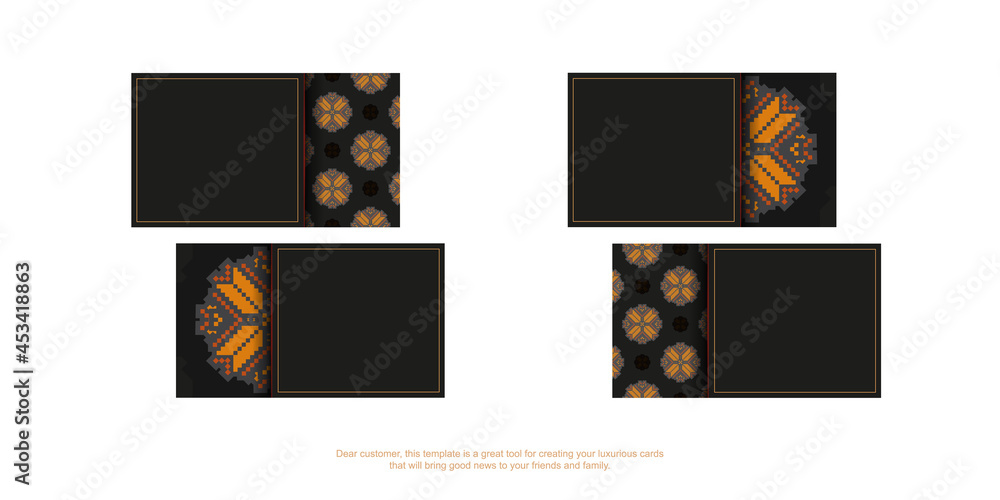 Black business card design with orange Slavic ornament. Stylish business cards with space for your text and luxurious patterns.