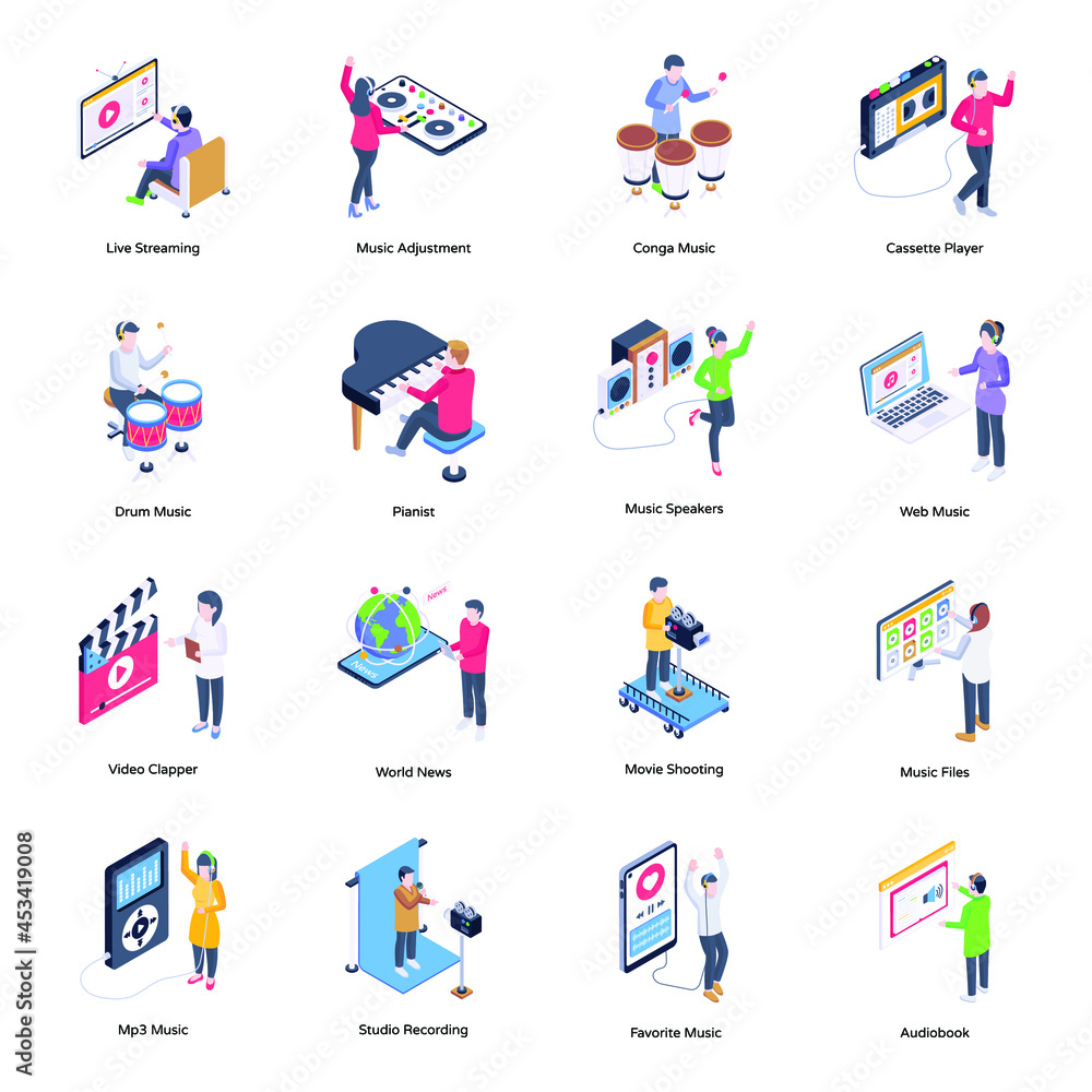 Trendy Set of Multimedia Isometric Illustrations
Trendy Set of Multimedia Isometric Illustrations