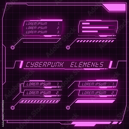 Scifi futuristic panel collection of HUD elements GUI VR UI design Cyberpunk neon glow retro style