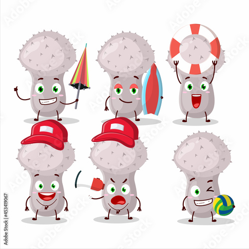 Happy Face puffball cartoon character playing on a beach