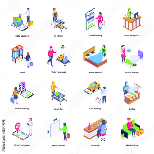 Top Trendy Isometric Illustrations of Hotel Services 

