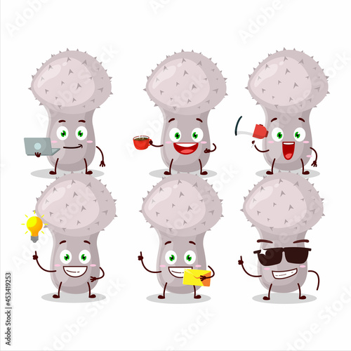 Puffball cartoon character with various types of business emoticons