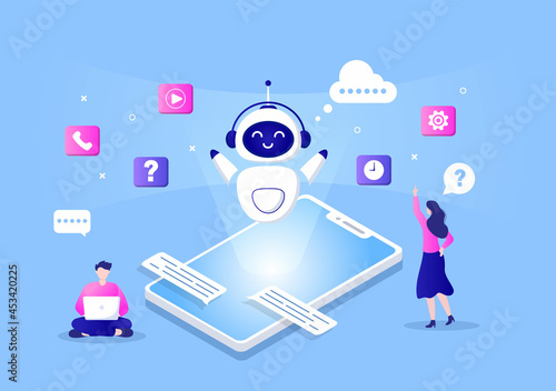 Robot Virtual Assistance or Chatbot Background Vector illustration. People smartphone conversation with Online technical support and Messaging