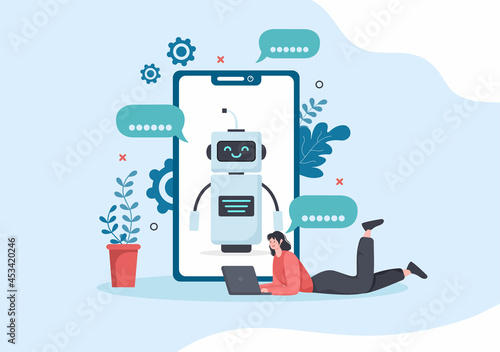 Robot Virtual Assistance or Chatbot Background Vector illustration. People smartphone conversation with Online technical support and Messaging