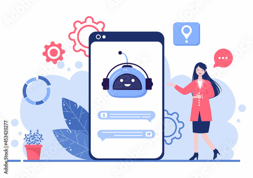 Robot Virtual Assistance or Chatbot Background Vector illustration. People smartphone conversation with Online technical support and Messaging