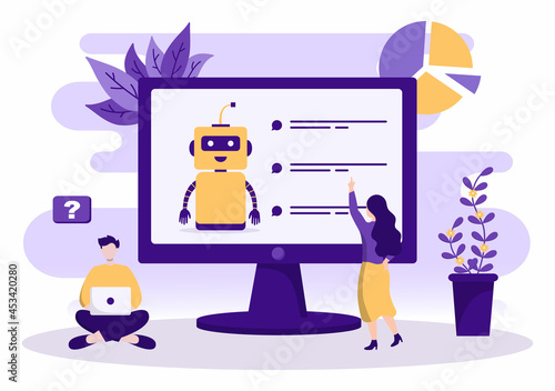 Robot Virtual Assistance or Chatbot Background Vector illustration. People smartphone conversation with Online technical support and Messaging