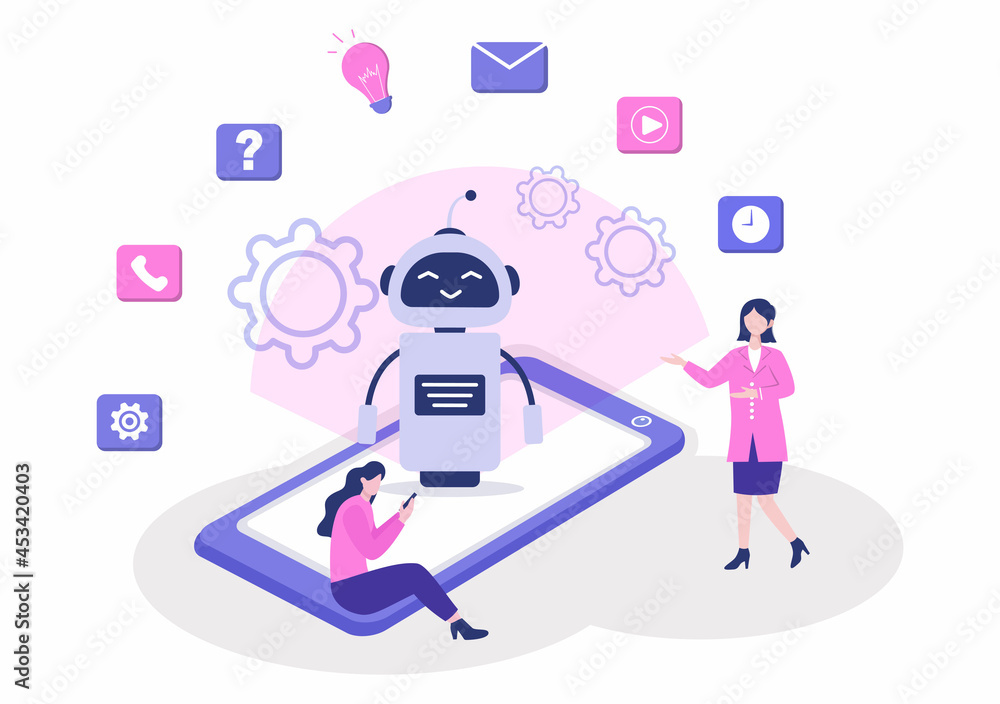 Robot Virtual Assistance or Chatbot Background Vector illustration. People smartphone conversation with Online technical support and Messaging Robot Virtual Assistance or Chatbot Background Vector illustration. People smartphone conversation with Online technical support and Messaging