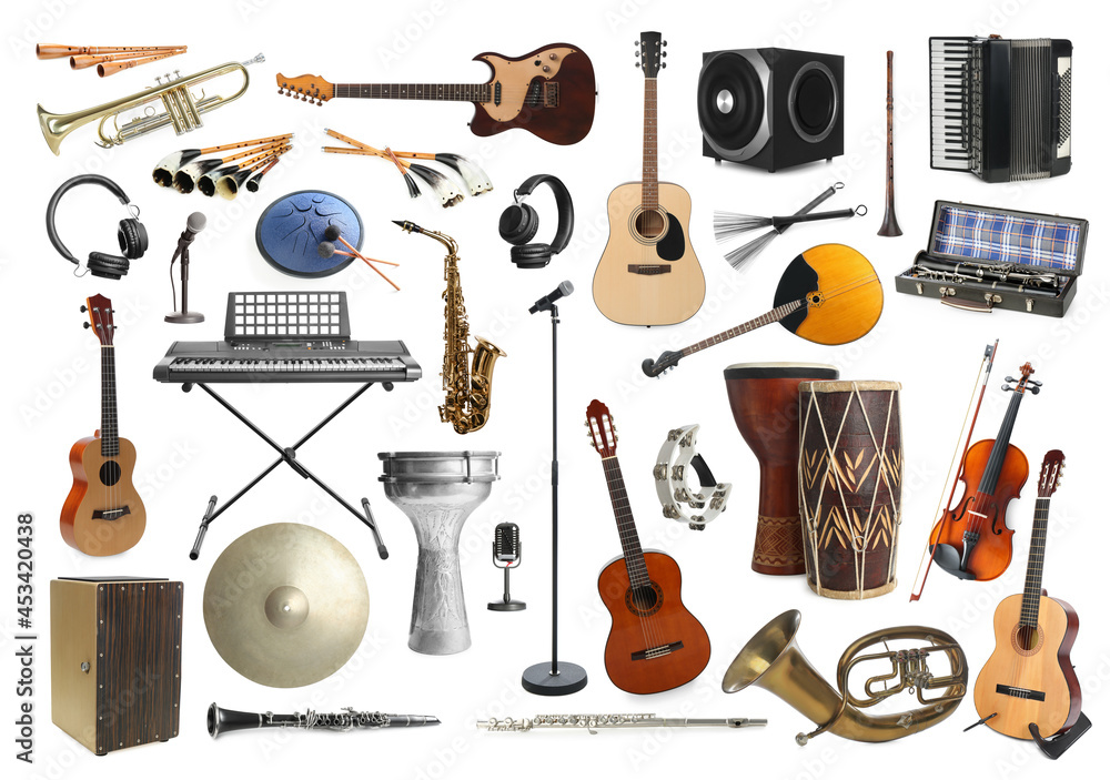Obraz premium Collection of different musical instruments on white background