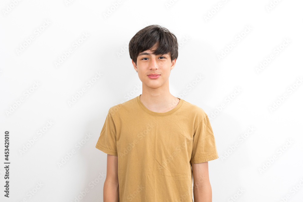 Handsome young man wearing casual t shirt looking confident at the camera with smile on white background. Handsome young man wearing casual t shirt looking confident at the camera with smile on white background.