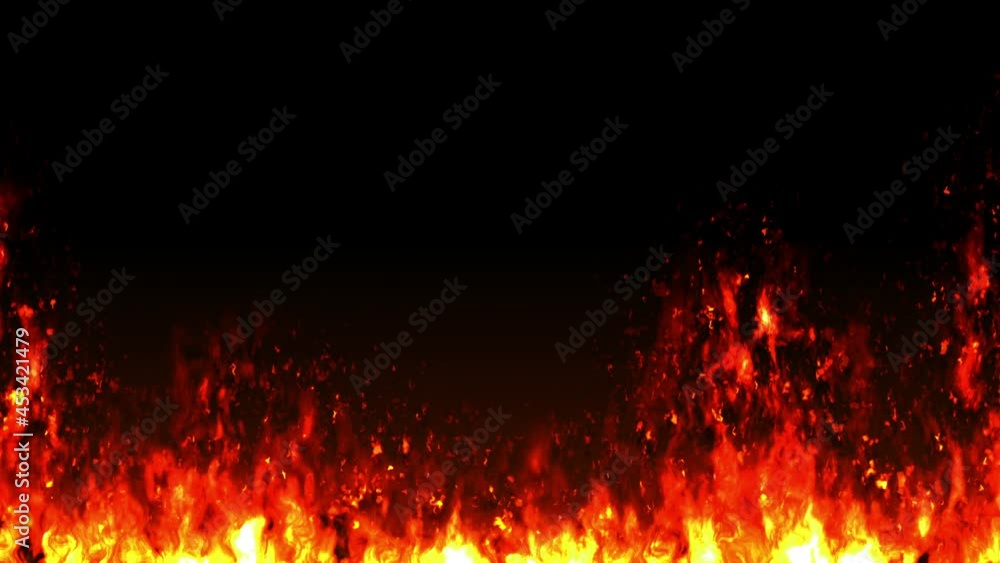 Comic cartoon pattern of burning fire flames on black background. Dangerous red fire. Loop animation.
