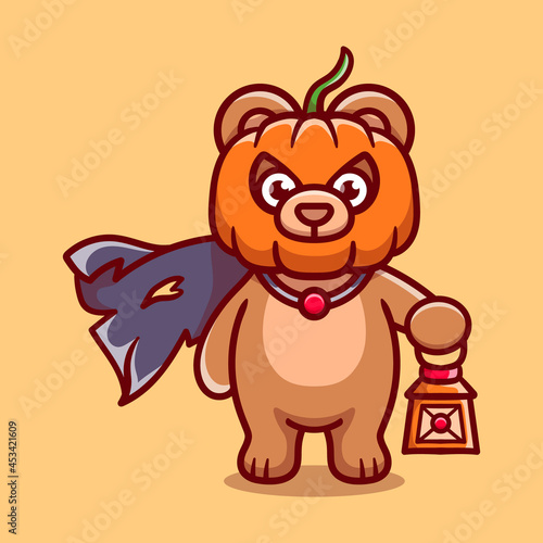 cute halloween pumpkin head bear illustration carrying a lantern