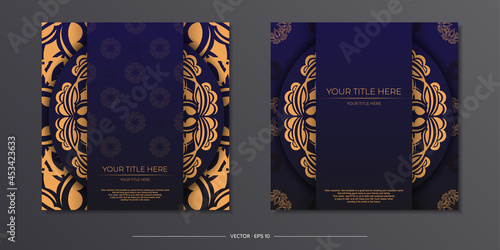 Invitation card design with place for your text and vintage patterns. Luxury Vector Ready-to-print blue color card design with luxurious patterns.