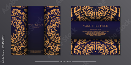 Invitation card design with place for your text and vintage patterns. Luxury Vector Ready-to-print blue color card design with luxurious patterns.