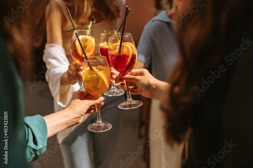 Photography Girlfriends proposing toast on summer party.
