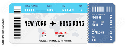 Realistic airline ticket design with passenger name. illustration photo