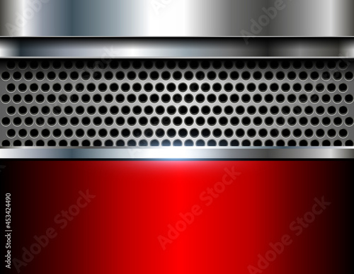 Silver metal 3D background, lustrous and shiny chrome metallic design with interesting holes pattern, vector illustration.