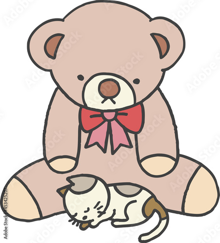 クマのぬいぐるみに包まれてお昼寝する猫ちゃん