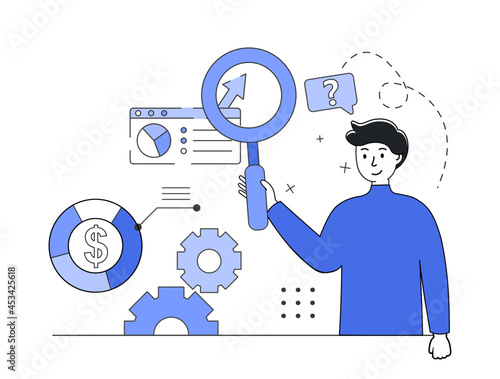 Business analysis concept. Man with a magnifying glass in modern outline style. Vector illustration concept. photo