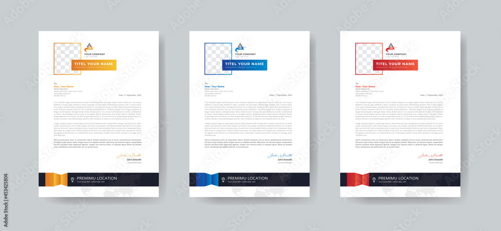 Business style letterhead template design with in 3 Colorful Accents Template