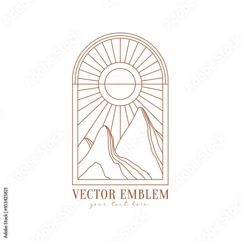 Boho landscape logo in linear style. Of the moon and the sun concept. Mountains, nature, sun and sunburst. Vector icon for handmade products, social media posts, travel illustrations etc. Branding.