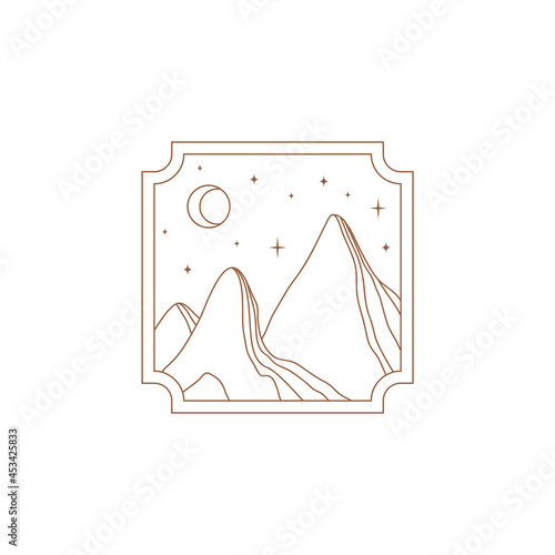 Minimal boho landscape logo in linear style. Of the moon and the sun concept. Mountains, nature, moon, star, sun and sunburst. Vector icon. Branding.