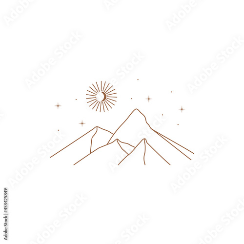 Minimal boho landscape logo in linear style. Mountains, sun and star. Vector bohemian icon for handmade products, social media posts, travel concept illustrations etc. Branding.