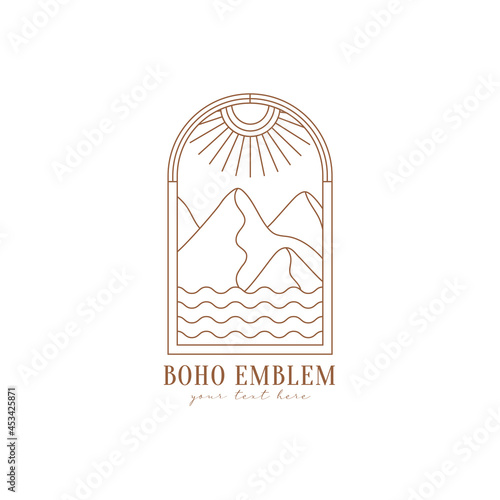 Minimal boho landscape logo in trendy linear style. Sea, waves, mountains, sun and sunburst. Vector bohemian icon for handmade products, cosmetics, travel concept illustrations etc. Branding.