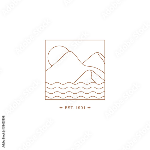 Minimal boho landscape logo in trendy linear style. Sea, waves, mountains and sun. Vector bohemian icon for handmade products, cosmetics, travel concept illustrations etc. Branding.