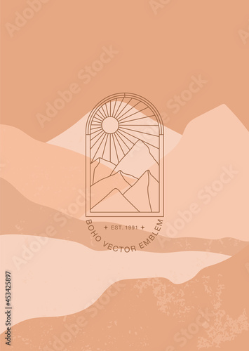 Minimal boho landscape logo in linear style on abstract mid century background. Of the moon and the sun concept. Mountains, nature, sun and sunburst. Vector icon. Branding.
