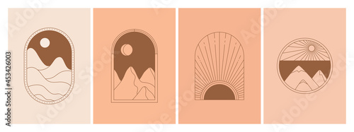 Set of minimal boho landscape logo. Of the moon and the sun concept. Mountains, nature, sun and sunburst.  Vector icon for handmade products, social media posts, travel illustrations etc. Branding.