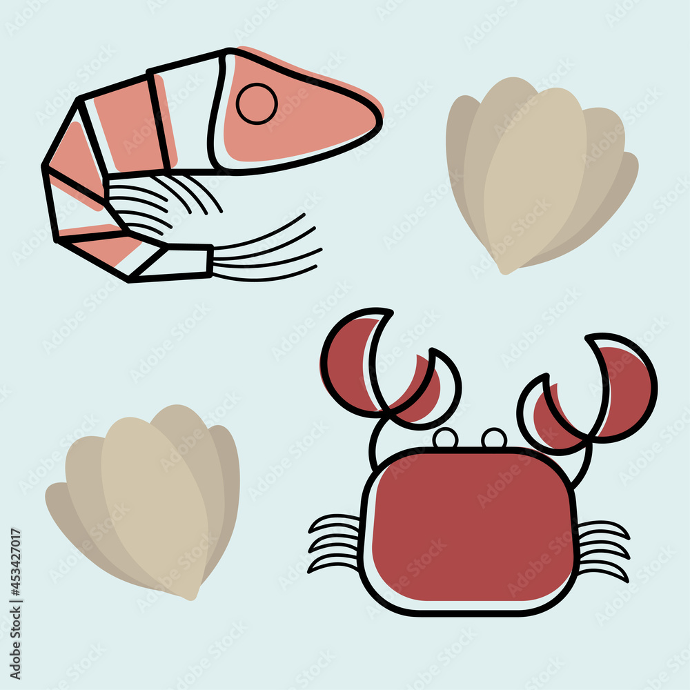 Vector illustration of shrimp, crab and seashells.