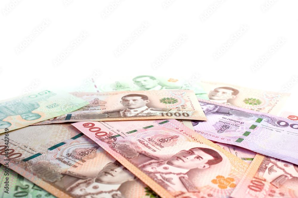 money banknote thai baht on white for banner background, savings money and financial business concept, copy space money banknote thai baht on white for banner background, savings money and financial business concept, copy space