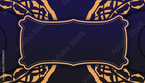 Luxurious Ready-to-Print blue color postcard design with lavish patterns. Vector Invitation card template with place for your text and vintage ornaments.