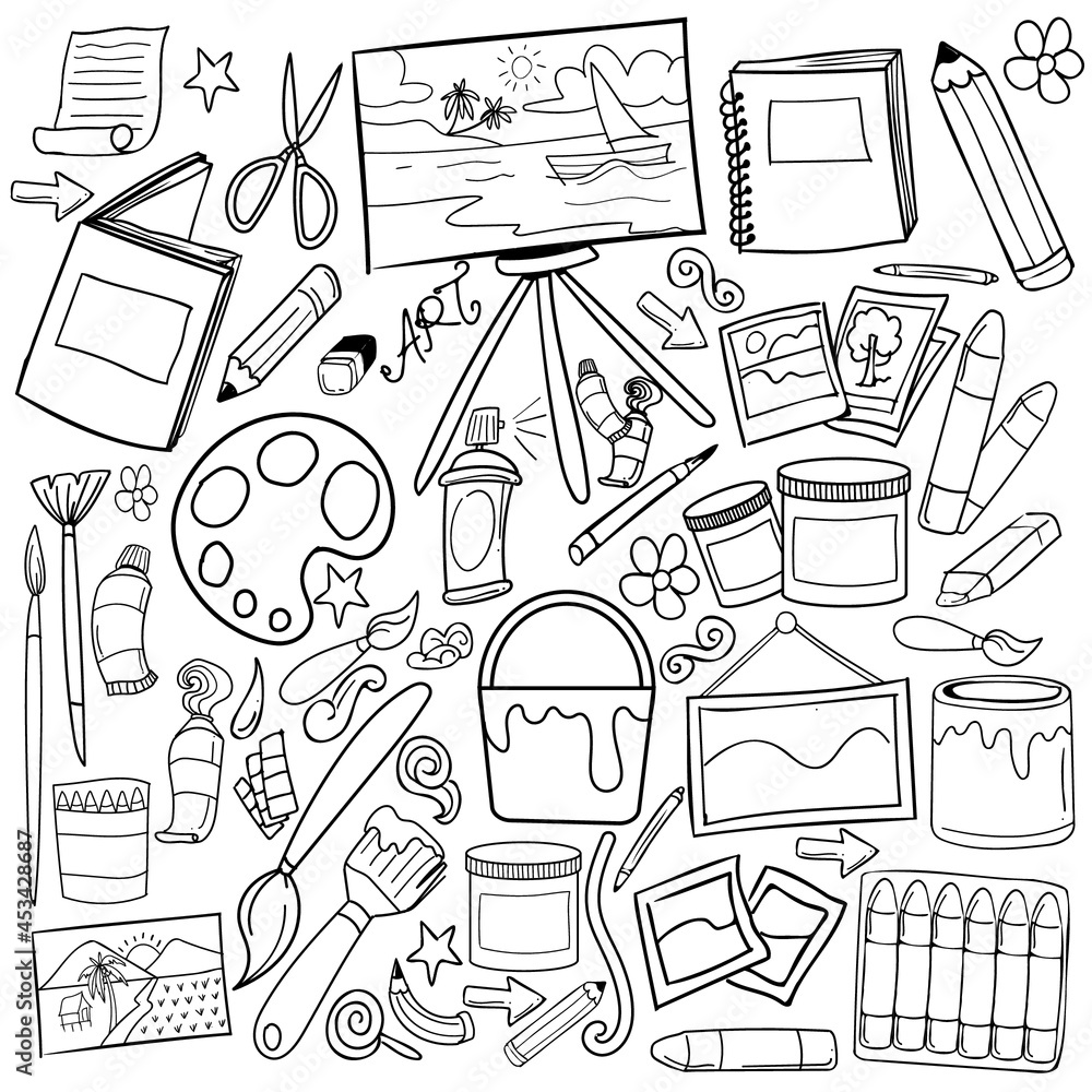 Art supply doodle. Vector illustration in simple black and white