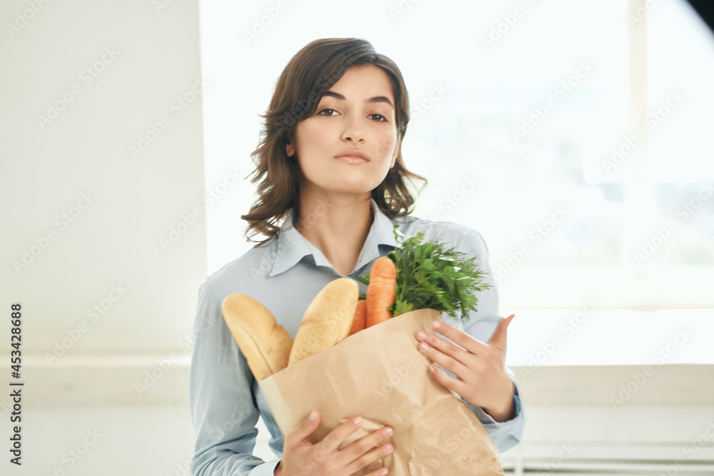 woman family shirts package with groceries healthy food homework woman family shirts package with groceries healthy food homework