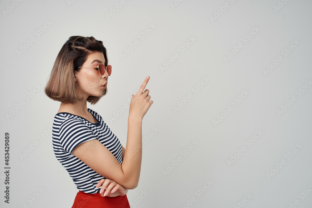 woman in striped t-shirt sunglasses fashion glamor summer woman in striped t-shirt sunglasses fashion glamor summer
