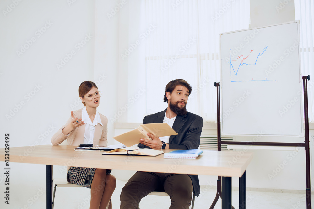 business men and women work desk message emotions professionals work colleagues