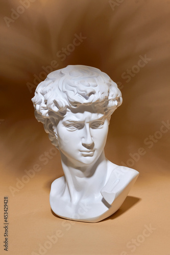 White plaster bust sculpture portrait of a young man. Gypsum statue of David's head. Michelangelo's David statue plaster copy. Ancient greek sculpture, statue of hero