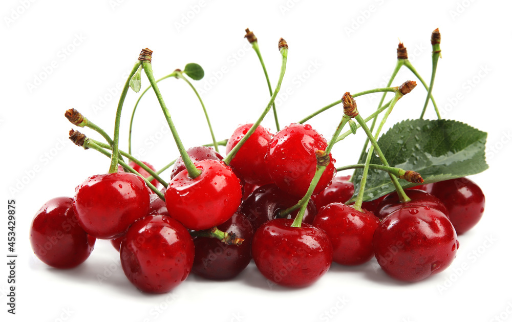 Pile of fresh ripe cherries with water drops on white background Pile of fresh ripe cherries with water drops on white background