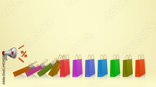 Realistic megaphone and colorful paper shopping bags with domino effect on white background.