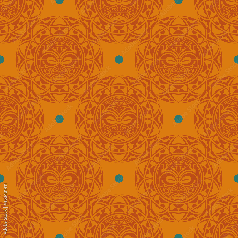 Orange seamless pattern with masks of the Polynesian tribes. Orange seamless pattern with masks of the Polynesian tribes.
